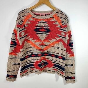 Triple Five Soul Sweater Womens Large Tan Red Southwestern Aztec Colorful